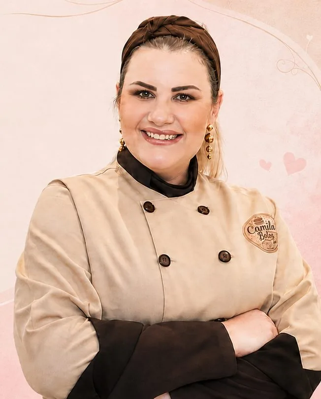 Confeiteira Camila Muller de dólmã, sorrindo