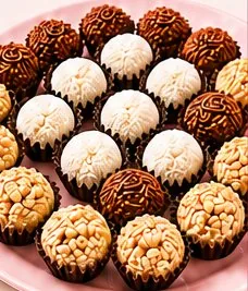 Prato com brigadeiros, branquinhos e paçoquinhas
