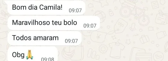 Print de conversa no WhatsApp com a cliente Duda elogiando a Camila